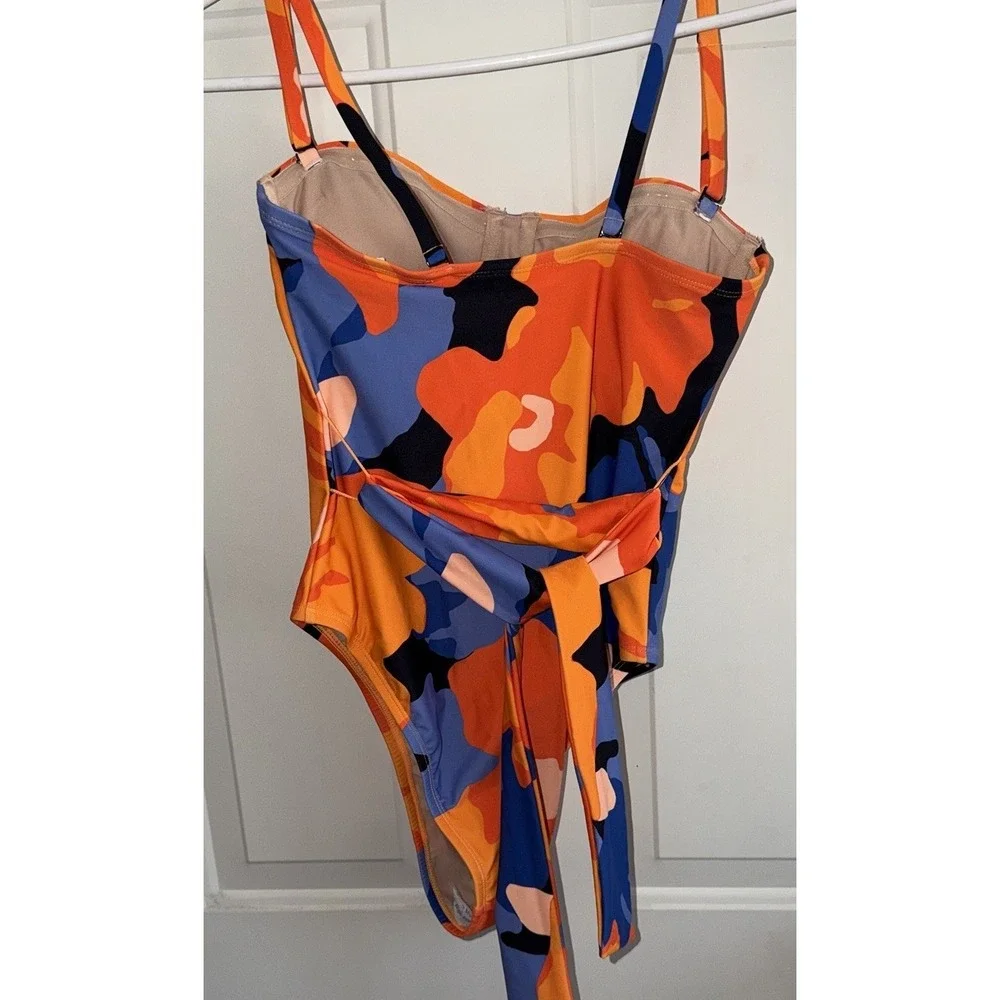 Tabitha Brown Target One Piece Swimsuit Size‎ S Orange Blue Belted Tie Print